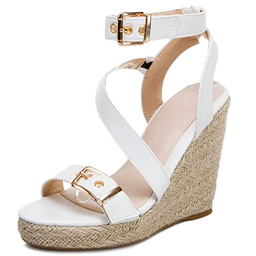 Gicoiz Keilabsatz Plateau Espadrille Damen Mode Sandalen Strappy Offene Zeh Sommer Leisure Knöchelriemchen Höhe Ferse Gladiator Schuhe Weiß Gr 34 EU von Gicoiz