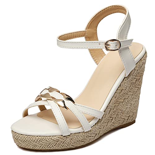 Gicoiz Keilabsatz Plateau Espadrille Damen Mode Sandalen Strappy Offene Zeh Sommer Leisure Knöchelriemchen Höhe Ferse Gladiator Schuhe Weiß Gr 36.5 EU-37Cn von Gicoiz