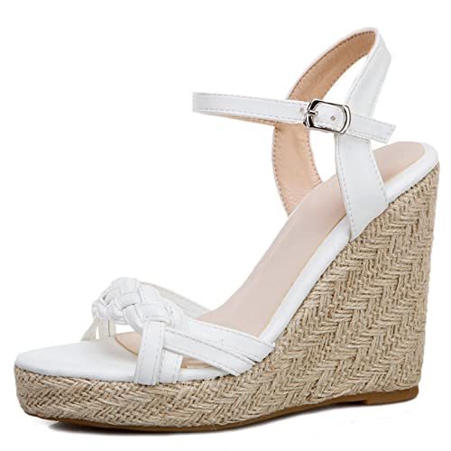 Gicoiz Keilabsatz Plateau Espadrille Damen Mode Sandalen Strappy Offene Zeh Sommer Leisure Knöchelriemchen Höhe Ferse Gladiator Schuhe Weiß Gr 44 EU-46Cn von Gicoiz