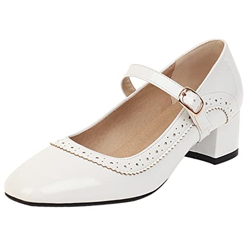 Gicoiz Lack Mary Jane Brogue Damen Blockabsatz Pump Knöchelriemchen Mode Square Toe Schnalle Abendschuhe Weit Fit Arbeit Weiß Gr 39 EU-40Cn von Gicoiz