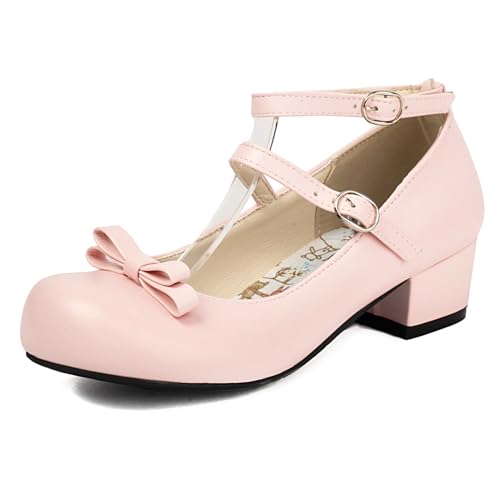 Gicoiz Lack Mary Jane Damen Schuluniform Party Bogentie Pump Runde Zehen Sommer Hochzeit Bride Knöchelriemchen Sweet Blockabsatz Schuhe Schuhe Damen Pink Gr 36 EU von Gicoiz