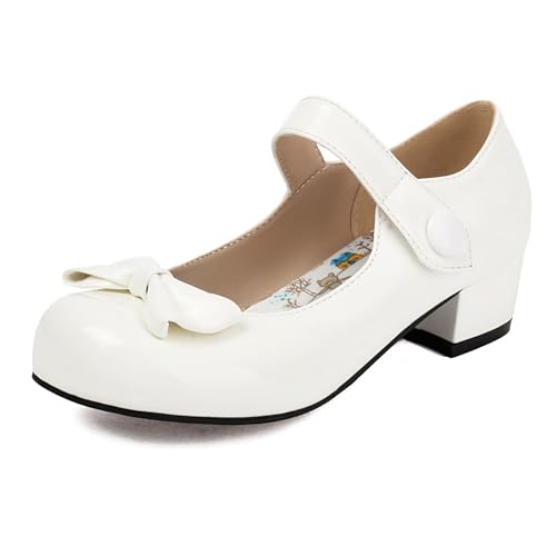 Gicoiz Lack Mary Jane Damen Schuluniform Party Bogentie Pump Runde Zehen Sommer Hochzeit Bride Knöchelriemchen Sweet Blockabsatz Schuhe Schuhe Damen Weiß Gr 32 EU von Gicoiz