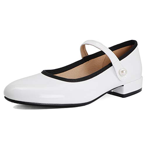 Gicoiz Lack Mary Jane Niedrige Absatzs Damen Runde Zehen Schuhe Knöchelriemchen Klassische Blockabsatz Pump Komfort Abend Hochzeit Kleid Weiß Gr 36 EU von Gicoiz