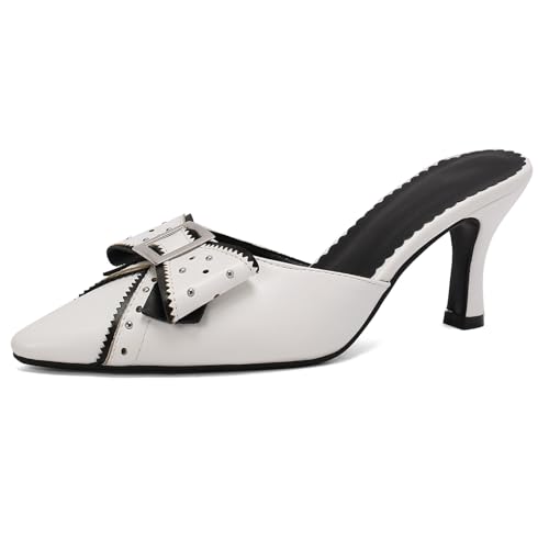 Gicoiz Mode Mule Pantoffeln Damen Stiletto Pump Sandalen Ohne Verschluss Hochzeit Ohne Verschluss Bride Abendschuhe Schnalle Bogentie Hausschuhe Pantoffeln Formal Weiß Gr 41 EU-43Cn von Gicoiz