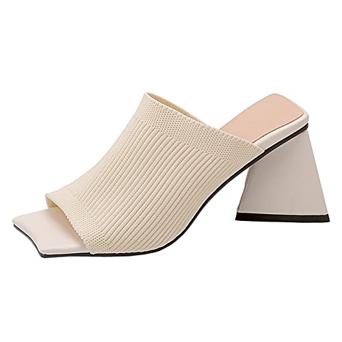 Gicoiz Peep Toe Pantoffeln Damen Blockabsatz Schuhe Mode Mule Elastisch Sommer Hausschuhe Pantoffeln Hochzeit Bride Lack Sandalen Ohne Verschluss Party Schuhe Beige Gr 36 EU von Gicoiz