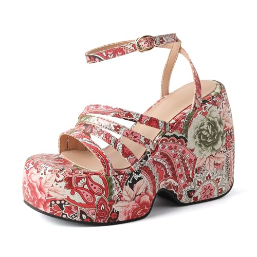 Gicoiz Plateau Keilabsatzs Damen Mode Offene Zeh Blumen Sandalen Höhe Ferse Hochzeit Party Komfort Knöchelriemchen Strappy Denim Schuhe Rot Gr 33 EU von Gicoiz