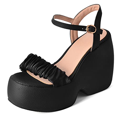 Gicoiz Plateau Keilabsatzs Damen Mode Offene Zeh Blumen Sandalen Höhe Ferse Hochzeit Party Komfort Knöchelriemchen Strappy Denim Schuhe Schwarz Gr 41 EU-43Cn von Gicoiz