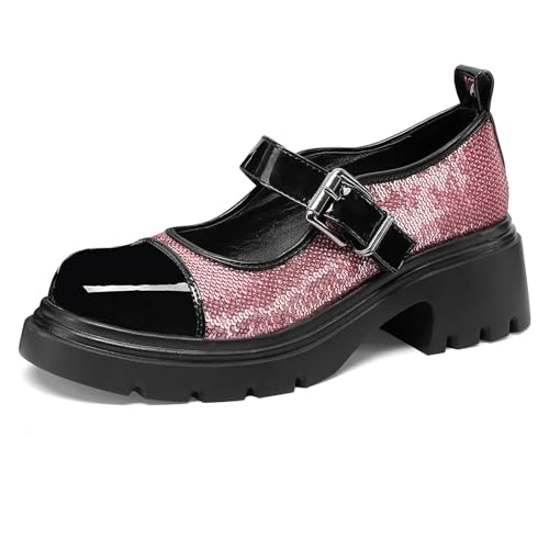 Gicoiz Plateau Mary Jane Pailletten Damen Knöchelriemchen Pump Runde Zehen Mode Chunky Blockabsatz Schuhe Party Weit Fit Schuluniform Schuhe Pink Gr 35 EU von Gicoiz