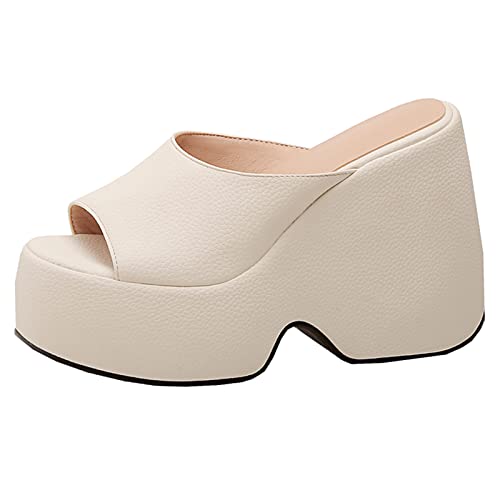 Gicoiz Plateau Pantoffeln Damen Mode Keilabsatz Mule Peep Toe Hausschuhe Pantoffeln Sommer Hochzeit Blumen Sandalen Pailletten Denim Party Schuhe Beige Gr 41 EU-43Cn von Gicoiz