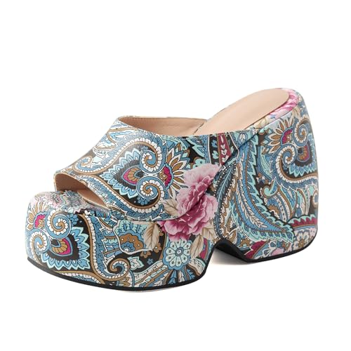 Gicoiz Plateau Pantoffeln Damen Mode Keilabsatz Mule Peep Toe Hausschuhe Pantoffeln Sommer Hochzeit Blumen Sandalen Pailletten Denim Party Schuhe Blau Gr 34 EU von Gicoiz