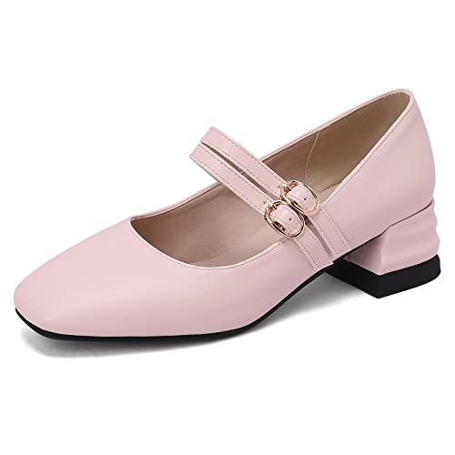 Gicoiz Square Toe Mary Jane Damen Knöchelriemchen Formal Schuhe Komfort Block Mitte Absatz Schuhe Mode Weit Fit Hochzeit Buro Pump Pink Gr 36.5 EU-37Cn von Gicoiz