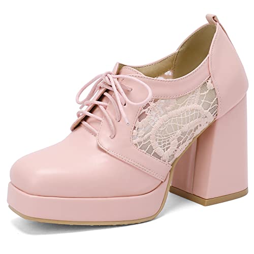 Gicoiz Square Toe Oxford Damen Chunky Heels Plateau Schuhe Schnüren Sommer Leisure Höhe Ferse Weit Fit Pump Hochzeit Kleid Pink Gr 34 EU von Gicoiz