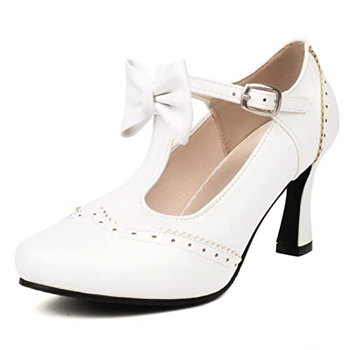 Gicoiz Stiletto Pump Mary Jane Bogen Damen Brogue Pump T-Spange Elegant Runde Zehen Hochzeit Schnalle Lovely Bride Schuhe Weiß Gr 39 EU-40Cn von Gicoiz