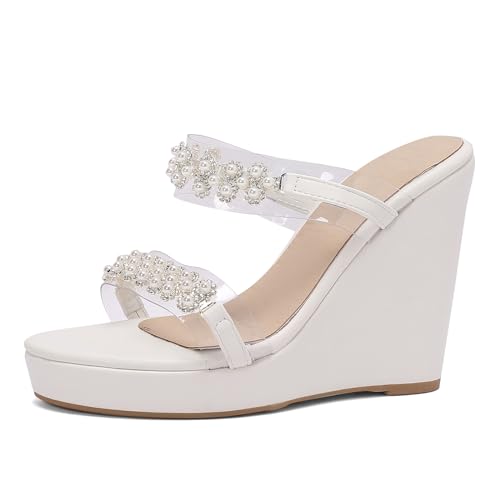 Gicoiz Transparent Pantoffeln Damen Offene Zeh Keilabsatz Plateau Mule Sandalen Elegant Ohne Verschluss Hochzeit Party Höhe Ferse Komfort Hausschuhe Pantoffeln Weiß Gr 38 EU-39Cn von Gicoiz