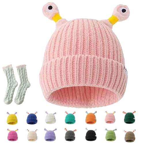 Gienslru Cute Glowing Little Monster Knit Hat, Funny Cute Glowing Monster Knitted Winter Beanie Hat, Kids Winter hat (DE/NL/SE/PL, Alter, Einheitsgröße, Pink) von Gienslru