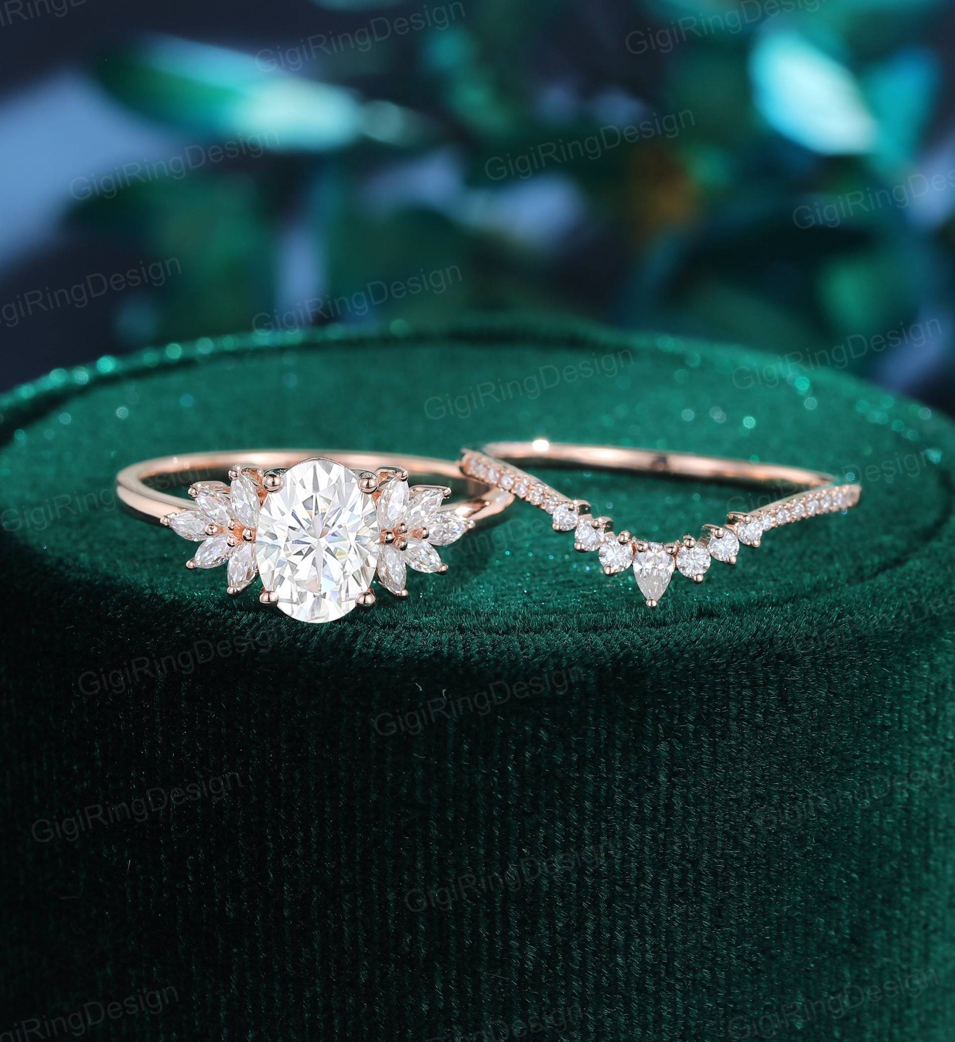 Ovaler Moissanit Verlobungsring Set Vintage Roségold Damen Unikat Marquise Gewölbt Art Deco Ring Braut Set von GigiRingDesign