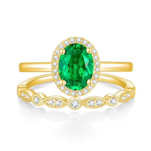Diamant-Smaragd-Ring-Sets im Ovalschliff for Frauen, einzigartiger Smaragd-Verlobungsring, S925 Sterling Silber 10K 14K 18K, Muttertagsgeschenke (Color : 18K, Size : 52(16.6)) von Gigirom
