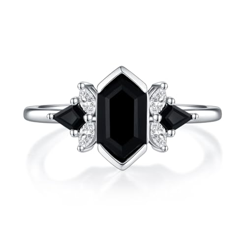 Einzigartige schwarze Turmalinringe for Frauen, Hexagon Cut schwarze Turmalinringe, S925 Sterling Silber 10K 14K 18K, Versprechensring Geschenk for Sie(Color:10K,Size:54.4(17.3)) von Gigirom