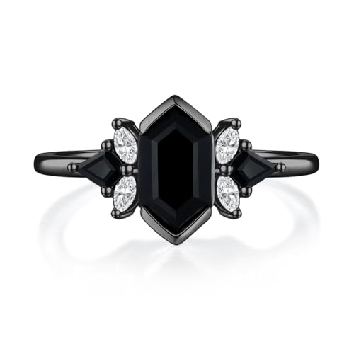 Einzigartige schwarze Turmalinringe for Frauen, Hexagon Cut schwarze Turmalinringe, S925 Sterling Silber 10K 14K 18K, Versprechensring Geschenk for Sie(Color:10K,Size:62(19.7)) von Gigirom