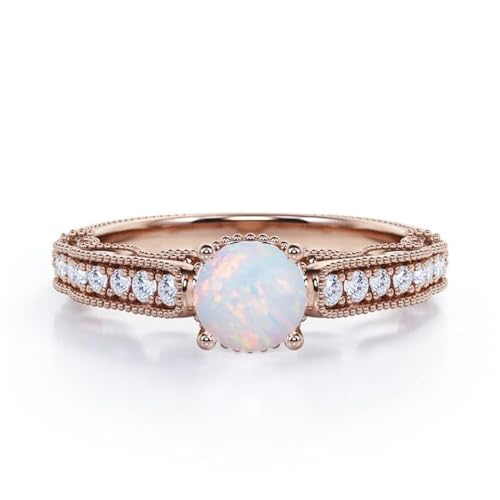 Gigirom Einzigartiger Opal- und Moissanit-Ring im Rundschliff, Opal-Verlobungsringe for Frauen, 925er Sterlingsilber, Versprechensring-Geschenk for Mädchen(Color:Rose Gold,Size:57(18.1)) von Gigirom