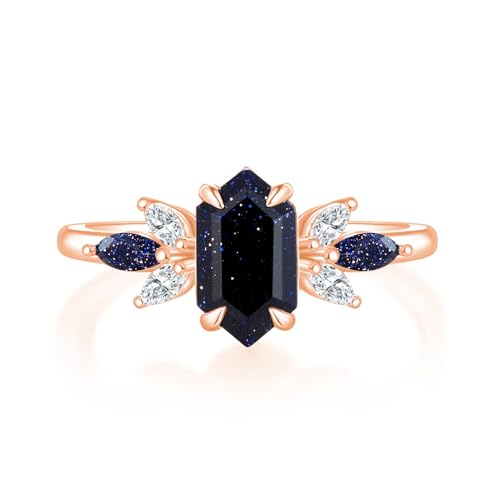Natürlicher Hexagon Schliff Blauer Sandstein Ring,S925 Sterling Silber 10K 14K 18K,Zierlicher Vintage Ehering, Einzigartiger Verlobungsring for Sie(Color:14K,Size:60(19.1)) von Gigirom
