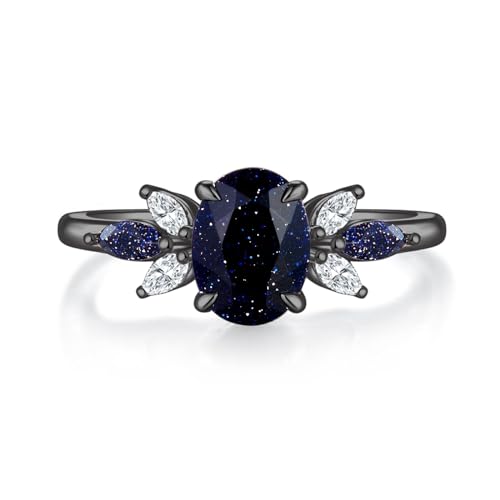 Natürlicher oval geschliffener blauer Sandstein Verlobungsring for Frauen, Einzigartiger blauer Sandstein mit Moissanit Ring, S925 Sterling Silber 10K 14K 18K, Verlobungsring(18K,62(19.7)) von Gigirom