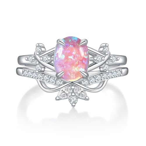 Oval geschliffene Opal-Verlobungsringe-Sets for Frauen, von der Natur inspirierter einzigartiger Opalring, S925 Sterling Silber 10K 14K 18K, Geschenk for Mädchen(Color:10K,Size:50.6(16.1)) von Gigirom