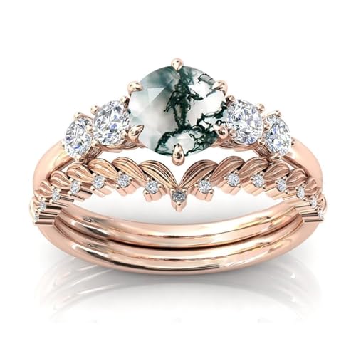 Rundschliff Moosachat Verlobungsring Set for Frauen, Art Deco Moosachat und Moissanit Ring, 925 Sterling Silber, Hochzeit Edelstein Schmuck(Color:Rose Gold,Size:61(19.4)) von Gigirom