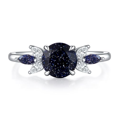 Verlobungsring aus blauem Sandstein mit rundem Schliff, Einzigartiger Ring aus blauem Sandstein und Moissanit for Frauen, S925 Sterling Silber 10K 14K 18K, Verlobungsring Geschenke(Color:10K,Size:49.3 von Gigirom