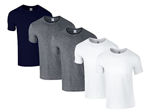 Gildan Herren 64000 T-Shirt, 2X Weiss, 2X Dark Heather, 1x Navy & 1 HLKauf Block, M (5er Pack) von Gildan