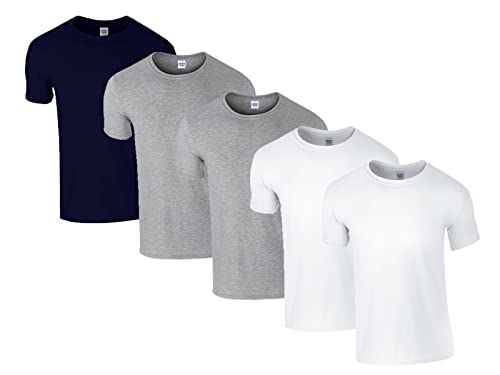 Gildan Herren 64000 T-Shirt, 2X Weiss, 2X Sportgrey, 1x Navy & 1 HLKauf Block, 4XL (5er Pack) von Gildan