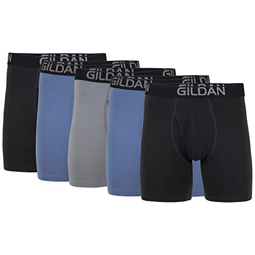 Gildan Herren Cotton Stretch Boxer Brief, Multipack Retroshorts, Schwarzer Ruß-/Schieferblau/Grau-Flanell (5er-Pack), XX-Large von Gildan