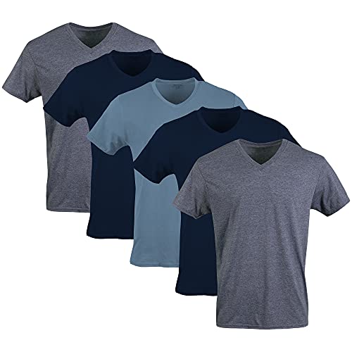 Gildan Herren V-Ausschnitt T-Shirts Multipack Style G1103 Unterwäsche, Marineblau/Heather Navy/Indigo Blue (5er-Pack), Mittel von Gildan