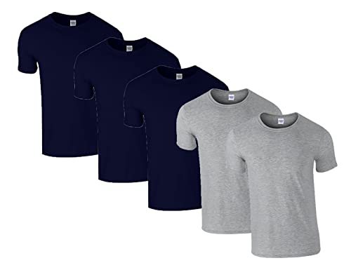 Gildan Soft-Style Herren T-Shirt, Kurzarm, Rundhalsausschnitt, 3X Navy, 2X Sportgrey & 1 HLKauf Block, 3XL (5er Pack) von Gildan