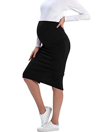 GINKANA Umstandsröcke, dehnbar, gerippter Rock für schwangere Frauen, unterhalb des Knies, hohe Taille, geteilter Umstandsrock, schwarz, Mittel von Ginkana