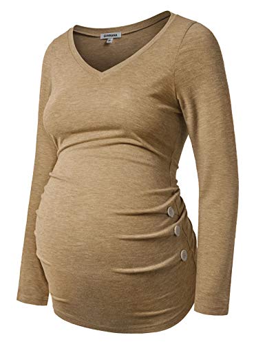 GINKANA Umstandsshirt Langarm Basic Top Rüschen Seiten Knöpfe T-Shirt für Schwangere, Khaki, Mittel von GINKANA