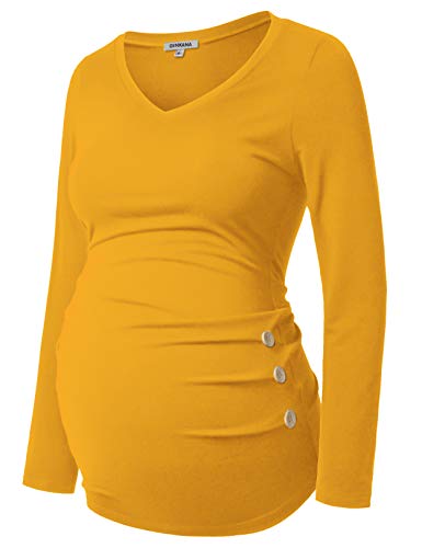 GINKANA Umstandsshirt Langarm Basic Top Rüschen Seiten Knöpfe T-Shirt für Schwangere - Gelb - Groß von Ginkana
