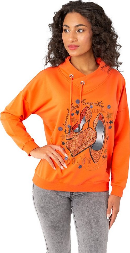 Gio Milano Sweatshirt G27-7127 mit Frontprint und Strassbesatz Tunnelzug im Kragen von Gio Milano