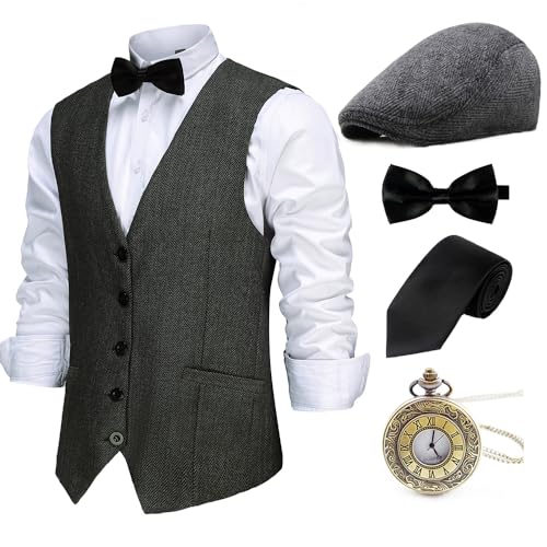 Gionforsy 20er Jahre Herren Wollartige Weste Kostüm Zubehör Set mit Hut Weste Fliege Krawatte Taschenuhr Gangster Accessoires Set für Great Gatsby Motto Party Halloween Karneval Fasching (Schwarz, S) Gionforsy 20er Jahre Herren Wollartige Weste Kostüm Zubehör Set mit Hut Weste Fliege Krawatte Taschenuhr Gangster Accessoires Set für Great Gatsby Motto Party Halloween Karneval Fasching (Schwarz, S) von Gionforsy