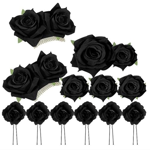 Rosen-Haarnadel-Haarspange, Braut-Rosen-Brosche, Hochzeit-Blumenklammern, Frauen-Blumen-Haarschmuck für Frauen-Mädchen-Party-Hochzeit (Black) von GisooM