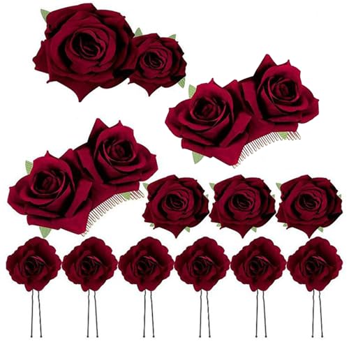 Rosen-Haarnadel-Haarspange, Braut-Rosen-Brosche, Hochzeit-Blumenklammern, Frauen-Blumen-Haarschmuck für Frauen-Mädchen-Party-Hochzeit (Wine red) von GisooM