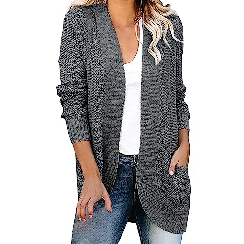 Dünn Strickjacke Damen Longstrickjacke Damen Solide Langarm Strickjacke Locker Lassig Sommermantel mit Tasche Strickjacke Ohne Kapuze Leichte Strickjacke Damen Sommer Dünn Weiß von Gkojhj