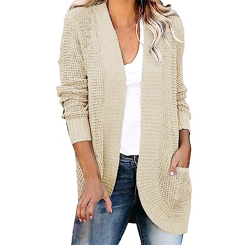 Dünn Strickjacke Damen Longstrickjacke Damen Solide Langarm Strickjacke Locker Lassig Sommermantel mit Tasche Strickjacke Ohne Kapuze Leichte Strickjacke Damen Sommer Dünn Weiß von Gkojhj