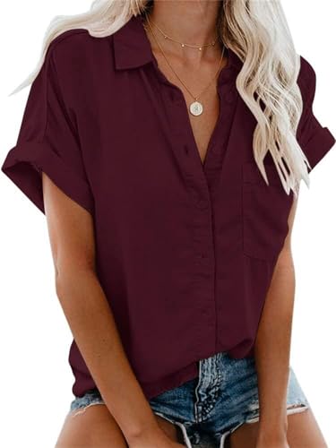 Glacspyg Bluse Damen Elegant Kurz Hemd Oberteile Damen Bluse Hemdbluse Casual Arbeit Weinrot L von Glacspyg