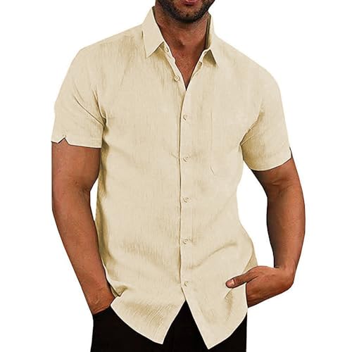 Glacspyg Leinenhemd Herren Kurzarm Leinenhemd Arbeit Freizeithemd Fit Business Casual Urlaub Sommer Strand Hemd Beige 2XL von Glacspyg