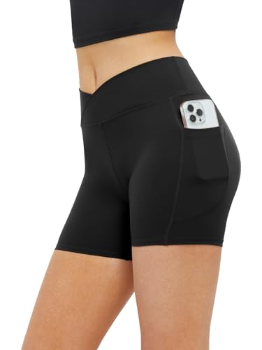 Glacspyg Radlerhose Damen mit Tasche Kurze Sporthose V-Taille High Waist Gym Shorts Kurze Leggings für Yoga Gym Fitness Laufen Schwarz M von Glacspyg