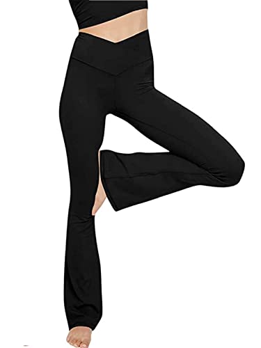 Glacspyg Yogahose Damen，Schlaghose V-Taille Bootcut Sporthose Freizeithose Jogginghosen für Fitness Schwarz 2XL von Glacspyg