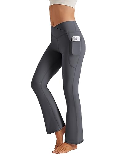 Glacspyg Yogahose Damen，Schlaghose mit Taschen V-Taille Bootcut Sporthose Freizeithose Jogginghosen für Fitness Dunkelgrau S von Glacspyg