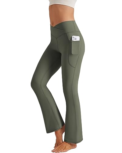 Glacspyg Yogahose Damen，Schlaghose mit Taschen V-Taille Bootcut Sporthose Freizeithose Jogginghosen für Fitness Olivgrün 2XL von Glacspyg