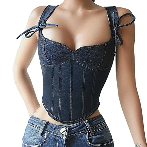 Glkaend Frauen Sexy Mode Denim Korsett Y2k Tube Top Strap Jean Halter Tops,Blau,M von Glkaend